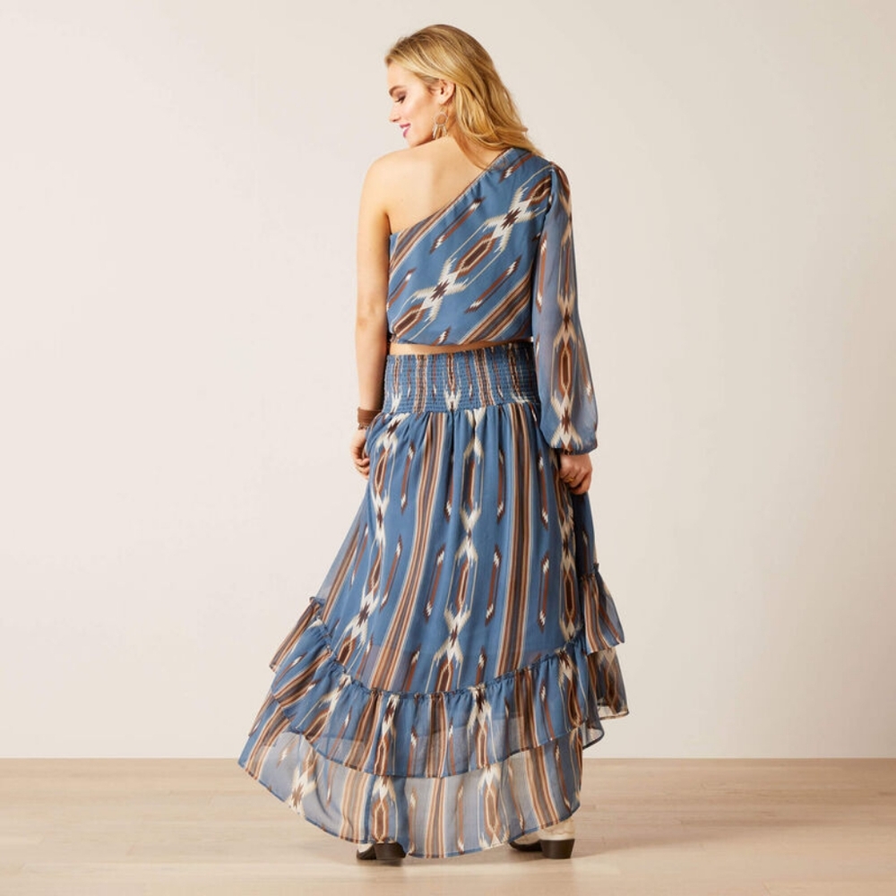 ARIAT JACOBO CHIMAYO SOUTHWESTERN AZTEC PRINT RUFFLED HI LOW HEM MIDI SKIRT - Picture 6 of 15